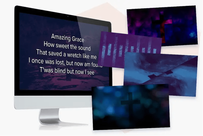 computer screen with lyrics to 'Amazing Grace'